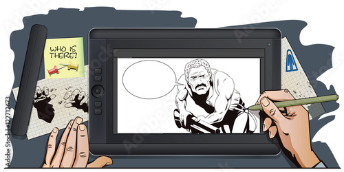 People in retro style. Man with shotgun.