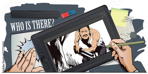 People in retro style. Man with shotgun.