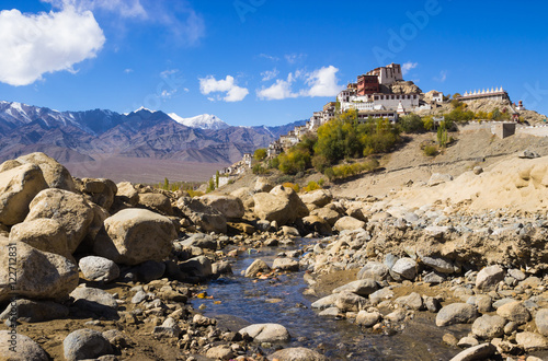 Thikse Monastery on the mountain and blue sky in Leh Ladakh photo
