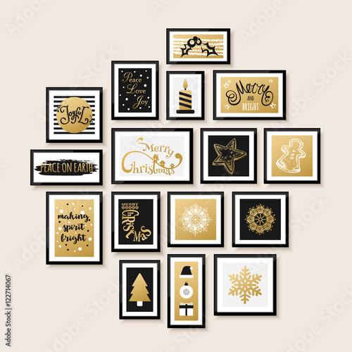 Gallery wall, merry christmas and happy new year card design. Snowflake, calligraphy, sweets, tree vector illustration.