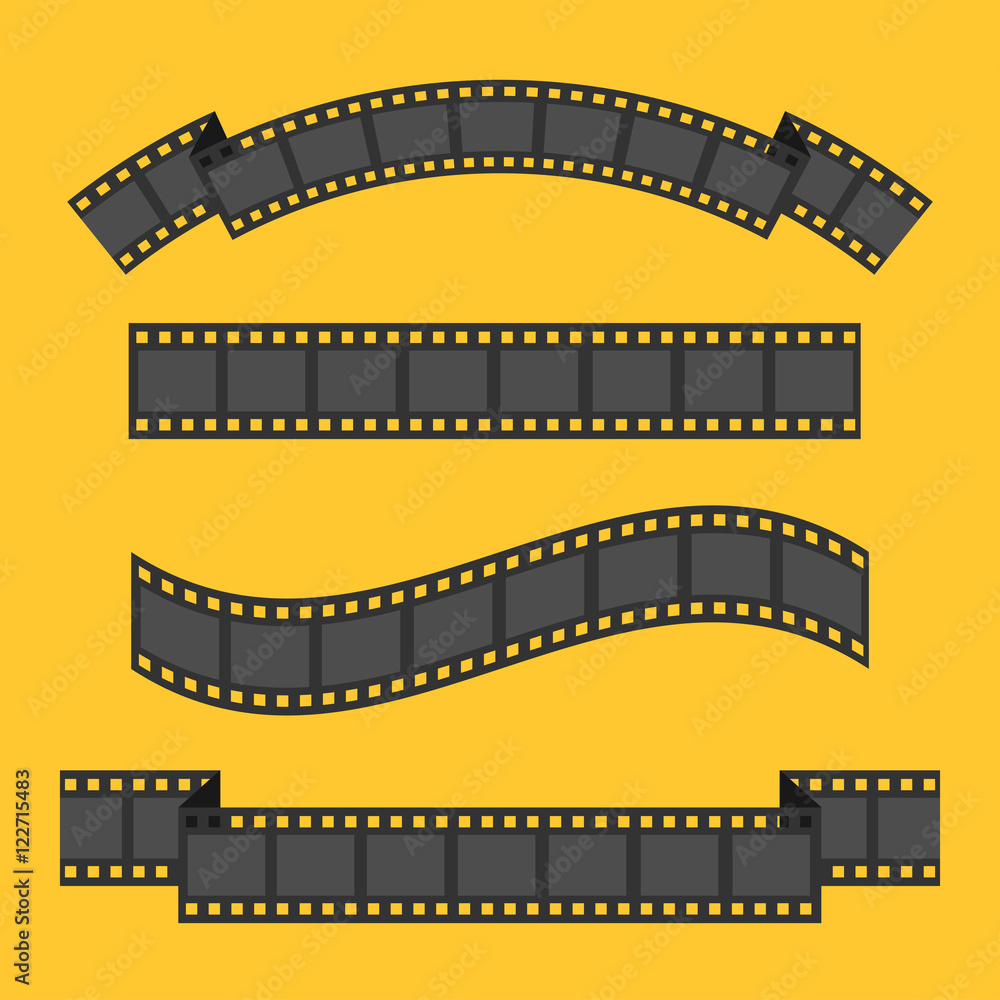 Film strip frame four set. Different shape ribbon. Design element. Yellow background. Isolated. Flat