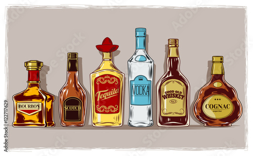 Vector set of bottles with alcohol and stemware
