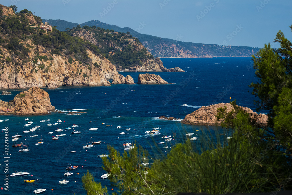 Shot of the sea and anchored boats through the plants and trees, Tossa de Mar, Spain