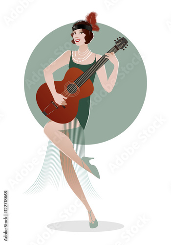 Flapper girl dressed in 1920s clothes, playing guitar