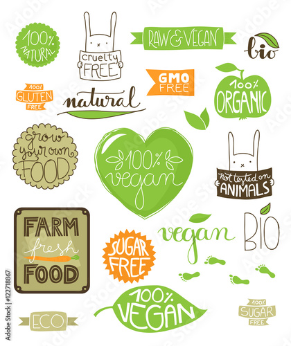 Collection of environmental badges, labels and icons, all handdrawn with hand lettered text