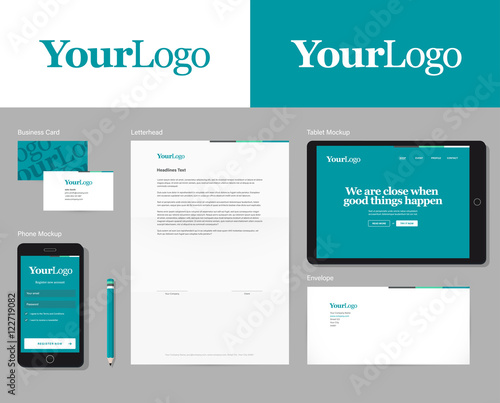 Corporate identity vector mockup with basic stationery set. Easy editable global colors & logo in symbols.
