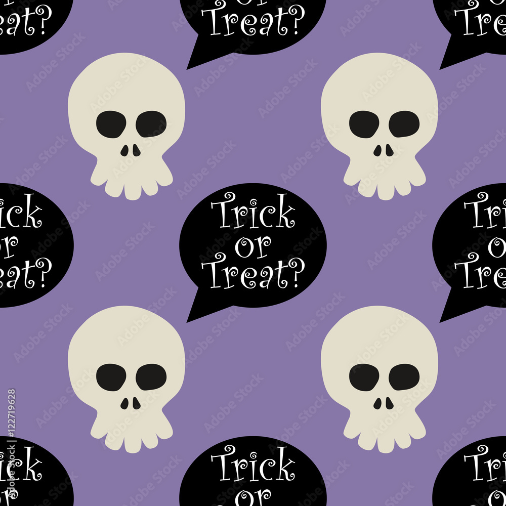 Icono plano patron Trick or Treat con caricatura craneo vista frontal sobre fondo violeta