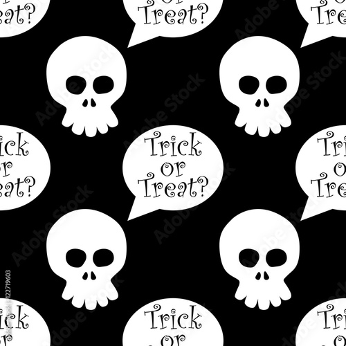 Icono plano patron Trick or Treat con caricatura craneo vista frontal sobre fondo negro