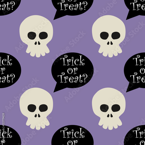 Icono plano patron Trick or Treat con caricatura craneo vista frontal sobre fondo violeta