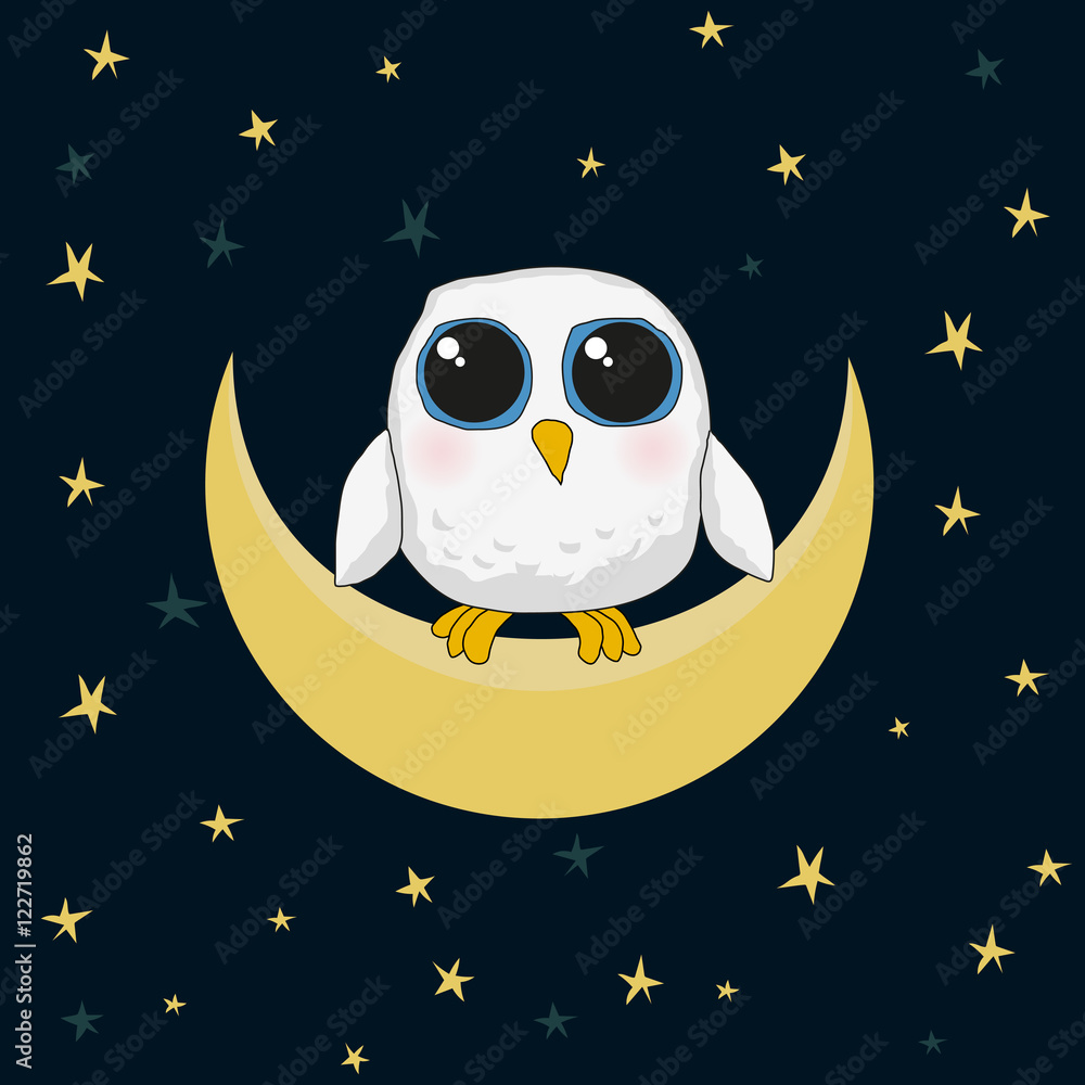 Obraz premium white cute owl are sitting on the moon at night