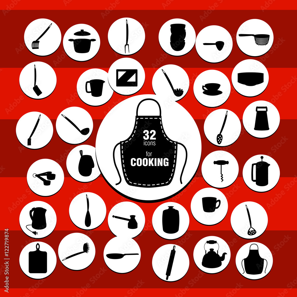  kitchenware icons on the red background