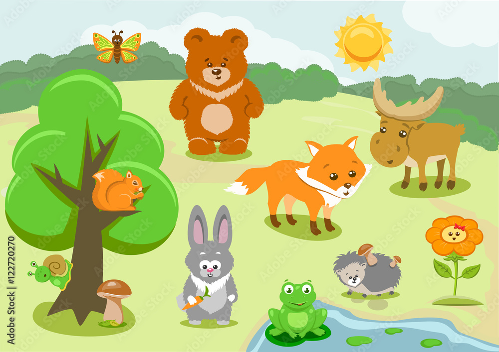 Naklejka premium Woodland Animals and Cute Forest Design Elements