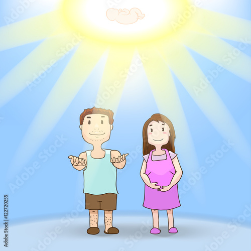 vector illustration of happy parents waiting for baby, which their imagination that baby is a gift and come from the sky