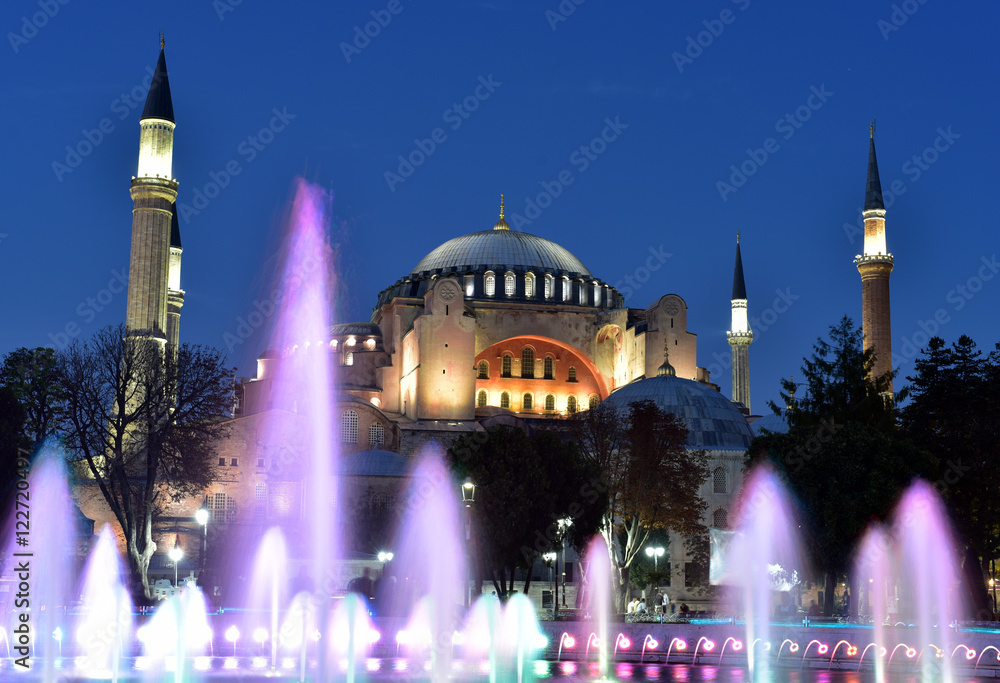 Hagia Sophia Museum illuminated at night, Istanbul Turkey