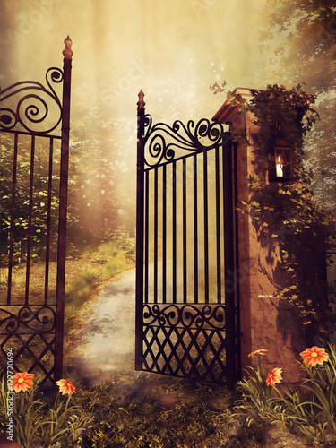 Fototapeta Ozdobna brama do jesiennego ogrodu, z kwiatami i bluszczem