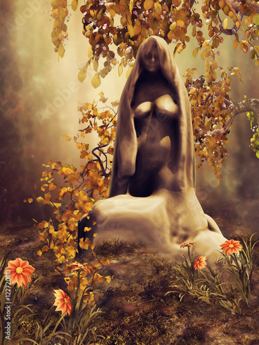 Fototapeta Posąg kobiety w jesiennym lesie