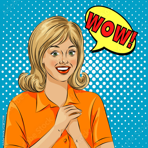 Wow bubble pop art surprised woman face. Pop Art illustration of a comic style, girl speech bubble.