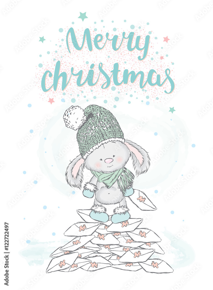 Hare standing on a pile of letters. Vector illustration for greeting card, poster, or print on clothes. Cute rabbit in a hat and boots. Lettering. Hare standing on a pile of letters. Vector illustration for greeting card, poster, or print on clothes. Cute rabbit in a hat and boots. Lettering.