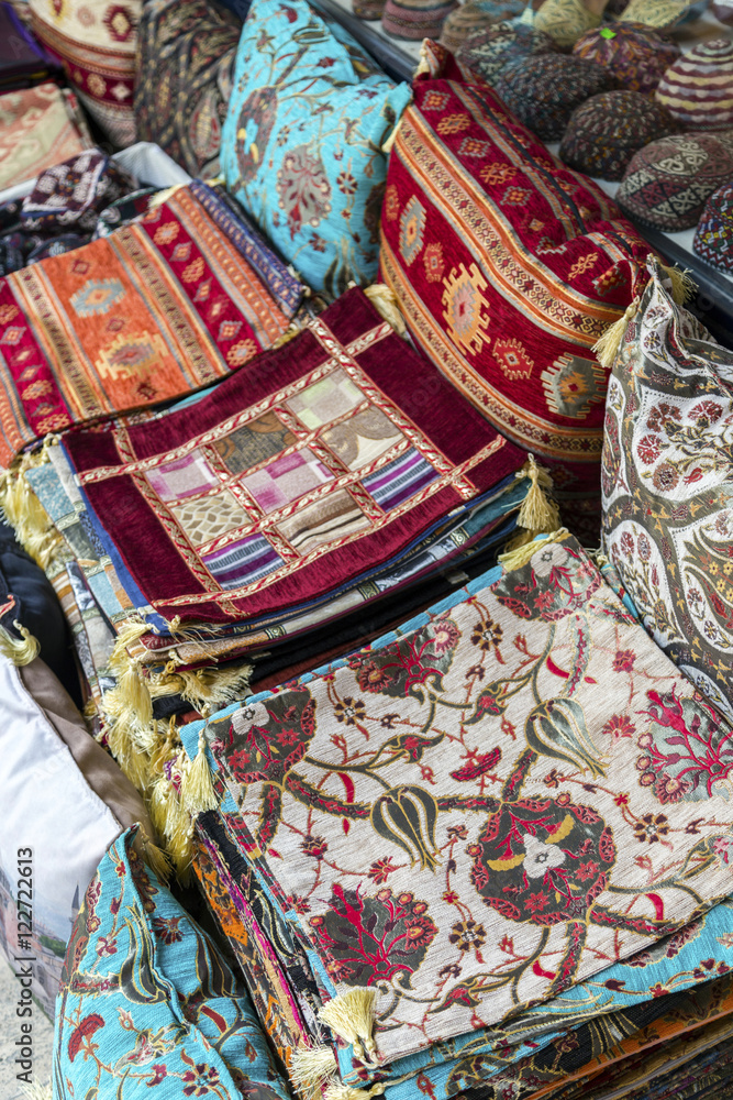 Colorful turkish fabric samples on the market..