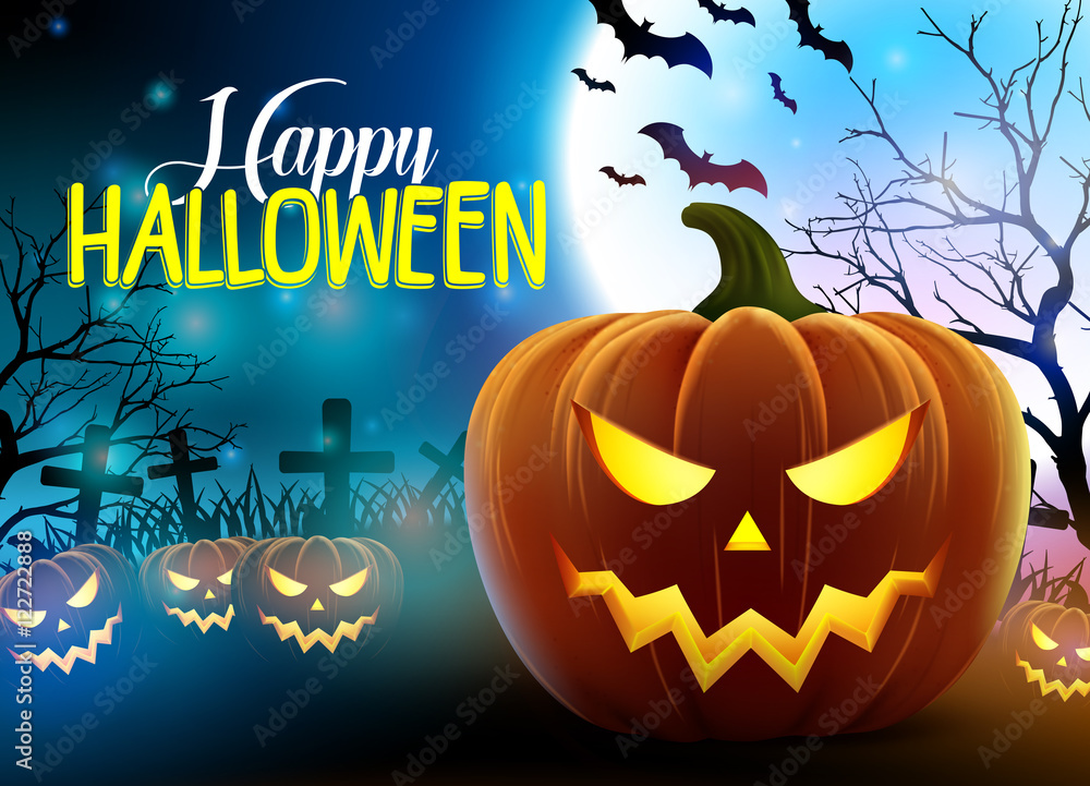 Happy halloween scary vector design with pumpkins and cemetery in dark night background with flying bats and moon. Vector illustration.
