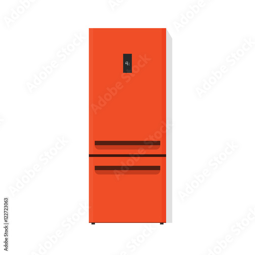 Orange fridge vector illustration isolated on white background, flat cartoon kitchen freezer with closed door