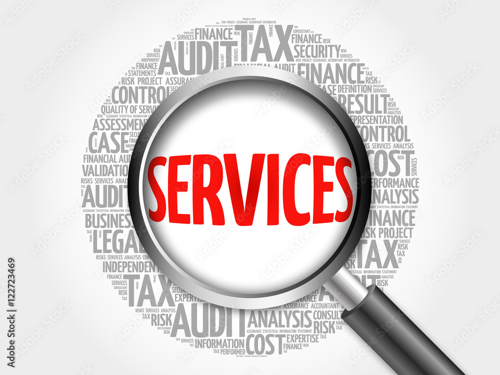 SERVICES word cloud with magnifying glass, business concept 3D illustration SERVICES word cloud with magnifying glass, business concept 3D illustration
