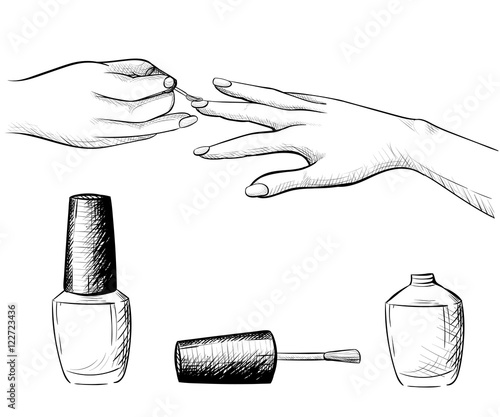 Hand draw manicure. Vector illustration of different positions of hands during manicure