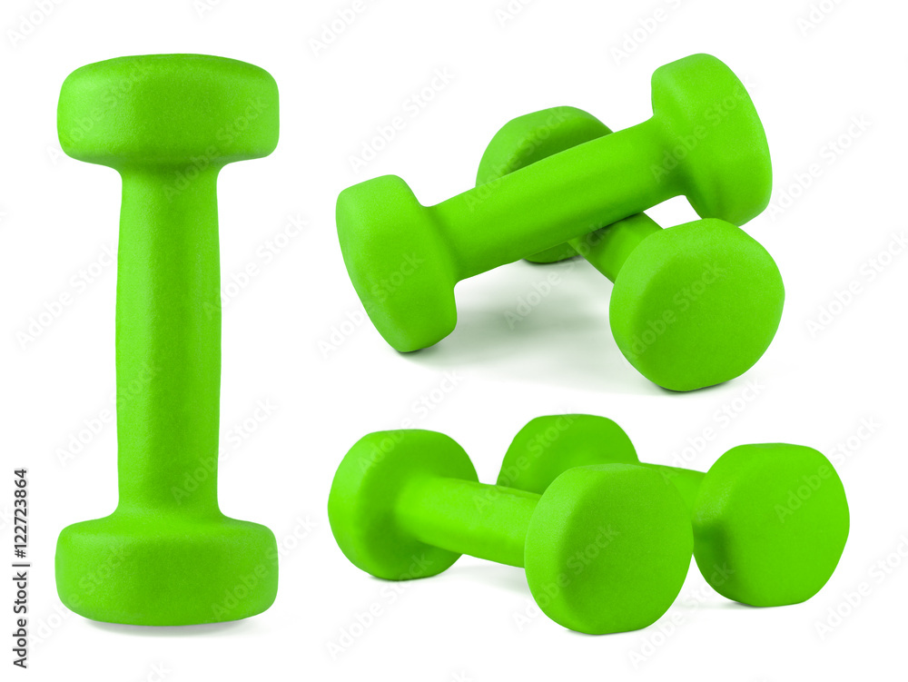 green sport dumbbells set isolated on white green sport dumbbells set isolated on white