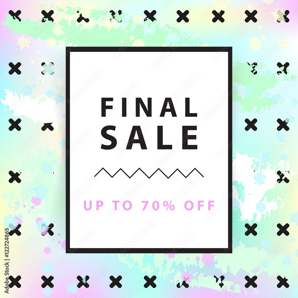Sale banner. Square. Memphis style. Vector illustration. Holographic background with geometric elements. Retro style. Bright letters. Simple form Sale banner. Square. Memphis style. Vector illustration. Holographic background with geometric elements. Retro style. Bright letters. Simple form