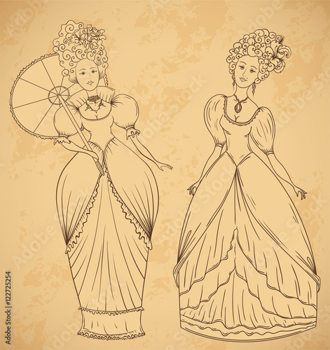 Beautiful women in vintage dress and hairstyle n Baroque style. Hand drawn vector illustration