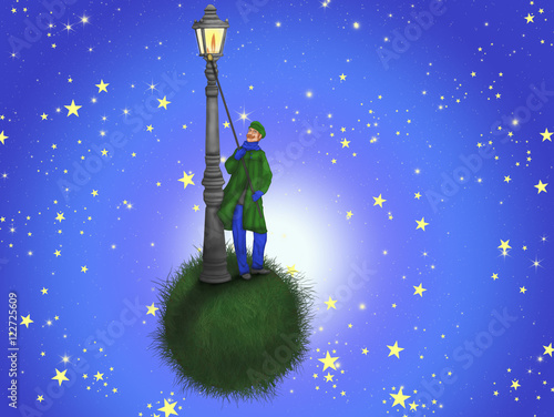 Фонарщик на фоне звездное небо. Маленький принц. Lamplighter on the background of the starry sky. The little Prince.