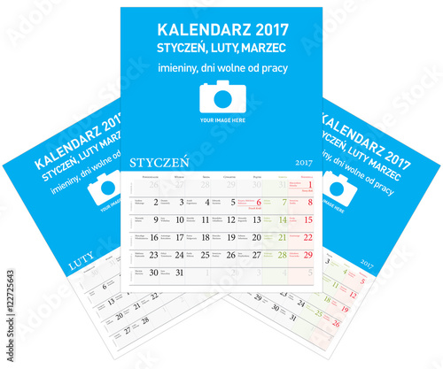 Polski kalendarz ścienny format A3 zawiera imieniny i świeta. Trzy miesiące Styczeń - Marzec. Pozostałe w innych plikach