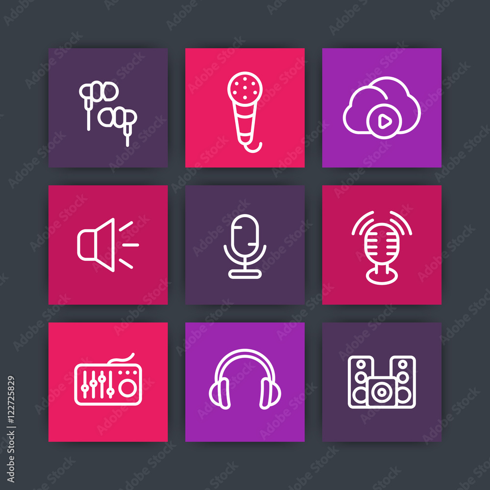 audio line icons on squares, microphones, earbuds, headphones, speakers, music in cloud audio line icons on squares, microphones, earbuds, headphones, speakers, music in cloud