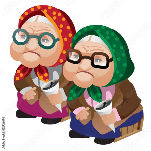 Two old women in glasses sitting with seeds