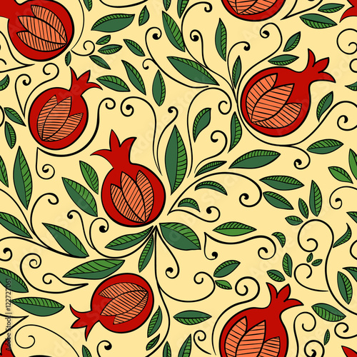 Seamless pattern with pomegranate, Rosh Hashanah symbol. Floral pattern with decorative pomegranate fruits and leaves. Vector illustration photo