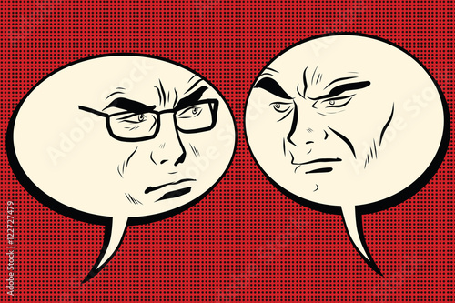 Two angry men talking. Comic bubble smiley face
