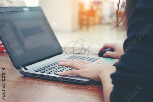 Woman working at home office hand on keyboard , Marketing work on desk office background