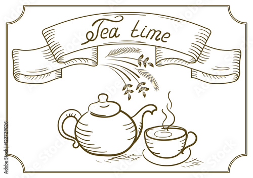 Design signboard for cafe with ribbon and tea cup with kettle