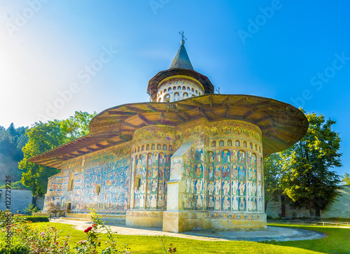 Voronet orthodox painted church monastery Moldavia, Bucovina, Romania photo