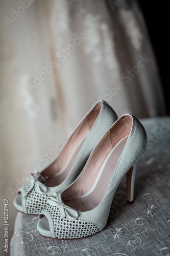 bride shoes with wedding background bride dress © nataliakabliuk