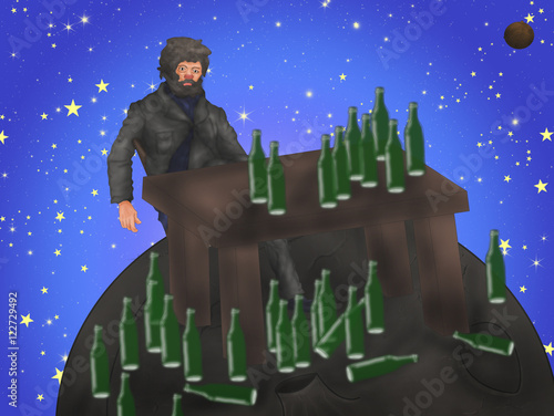 Пьяница на планете на фоне звездное небо. Маленький принц. Drunk on the planet against the starry sky. The little Prince.
