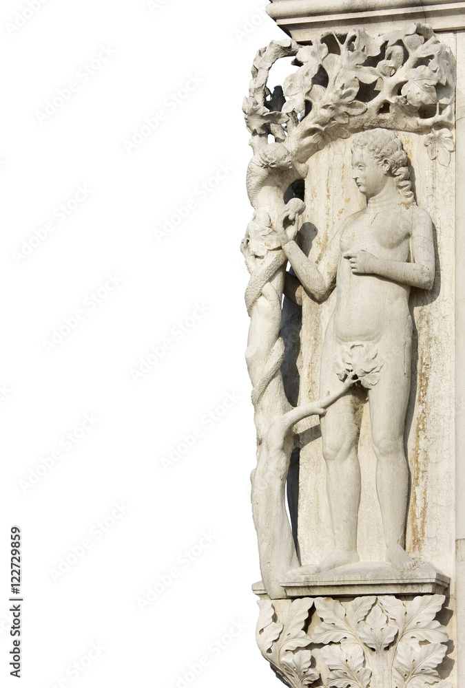 Original Sin. Eve and the snake with copy space, detail from Doge Palace facade in Venice