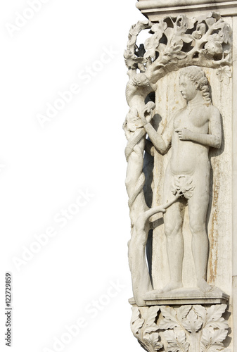 Original Sin. Eve and the snake with copy space, detail from Doge Palace facade in Venice