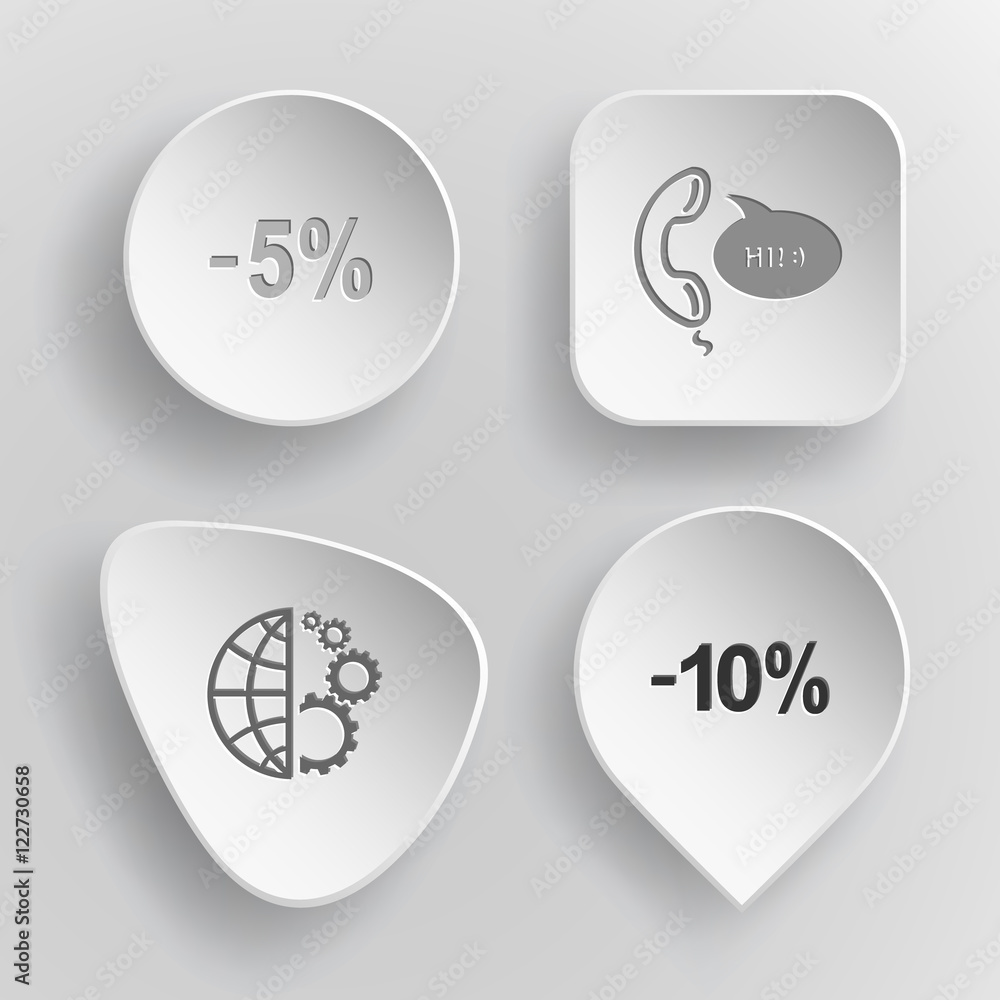 4 images: -5%, support, globe and gears, -10%. Business set. Whi 4 images: -5%, support, globe and gears, -10%. Business set. Whi