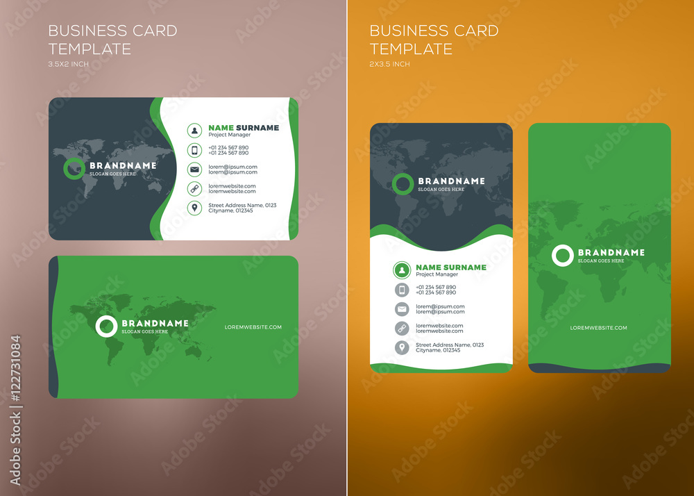 Corporate Business Card Print Template. Vertical and Horizontal Business Card Templates. Vector Illustration. Business Card Mockup