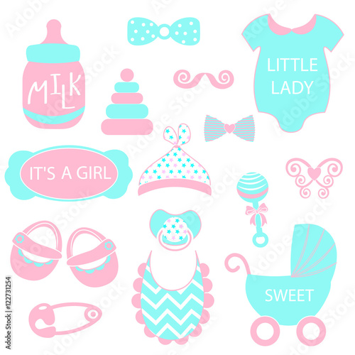 A vector illustration of cute baby girl icons like nappy pins, pacifier and baby toys. pink and turquoise silhouette Hipster photo booth