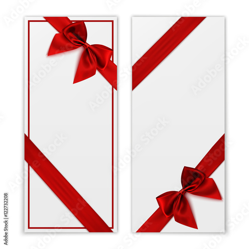 Gift card. White gift voucher templates with red ribbon.
