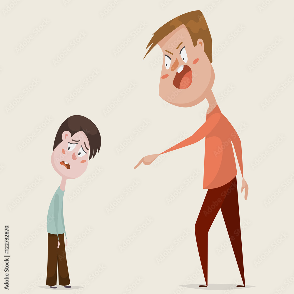 Family conflict. Aggressive man threats and shouts on oppressed boy in  anger. Emotional concept of aggression, tyranny and despotism. Negative  emotions. Cartoon characters. Vector illustration Stock Vector | Adobe Stock