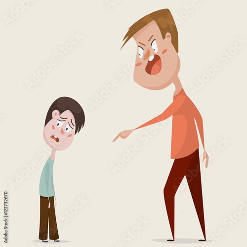 Family conflict. Aggressive man threats and shouts on oppressed boy in anger. Emotional concept of aggression, tyranny and despotism. Negative emotions. Cartoon characters. Vector illustration