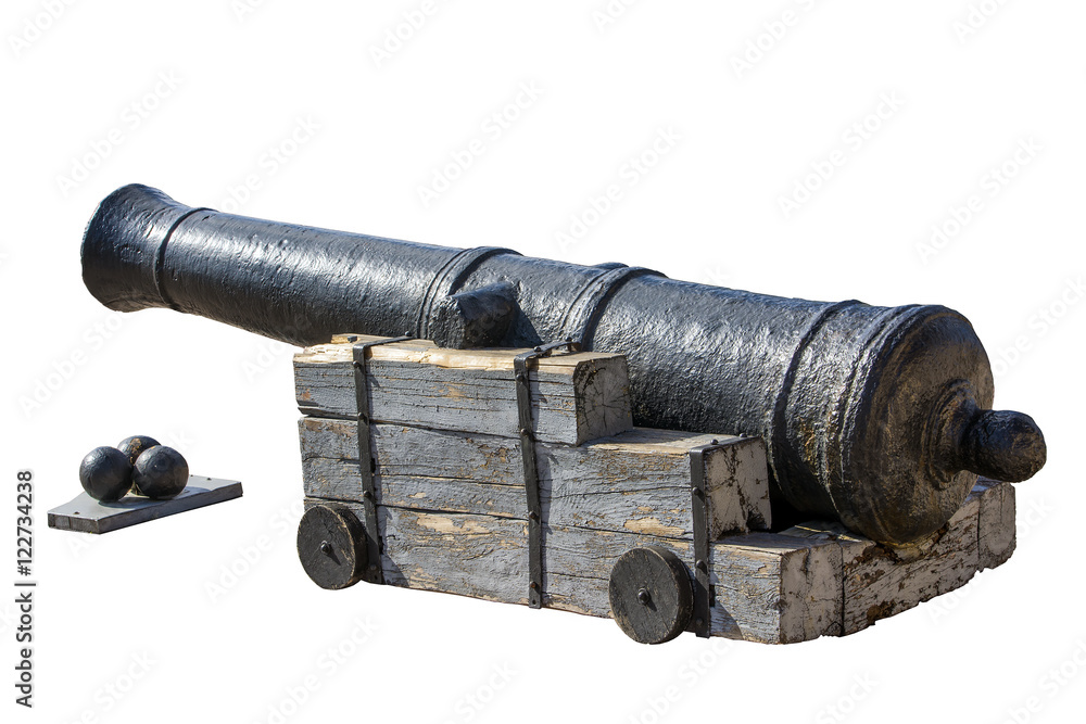 Isolated old cannon. Weapon. Cannonballs. Isolated old cannon. Weapon. Cannonballs.